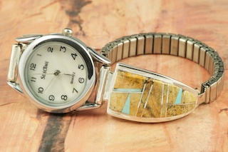 Genuine Picture Jasper and Turquoise inlaid between ribbons of Sterling Silver Watch Tips. Ladies Quartz Watch with Expandable Band. Designed by Navajo Artist Calvin Begay. Signed.